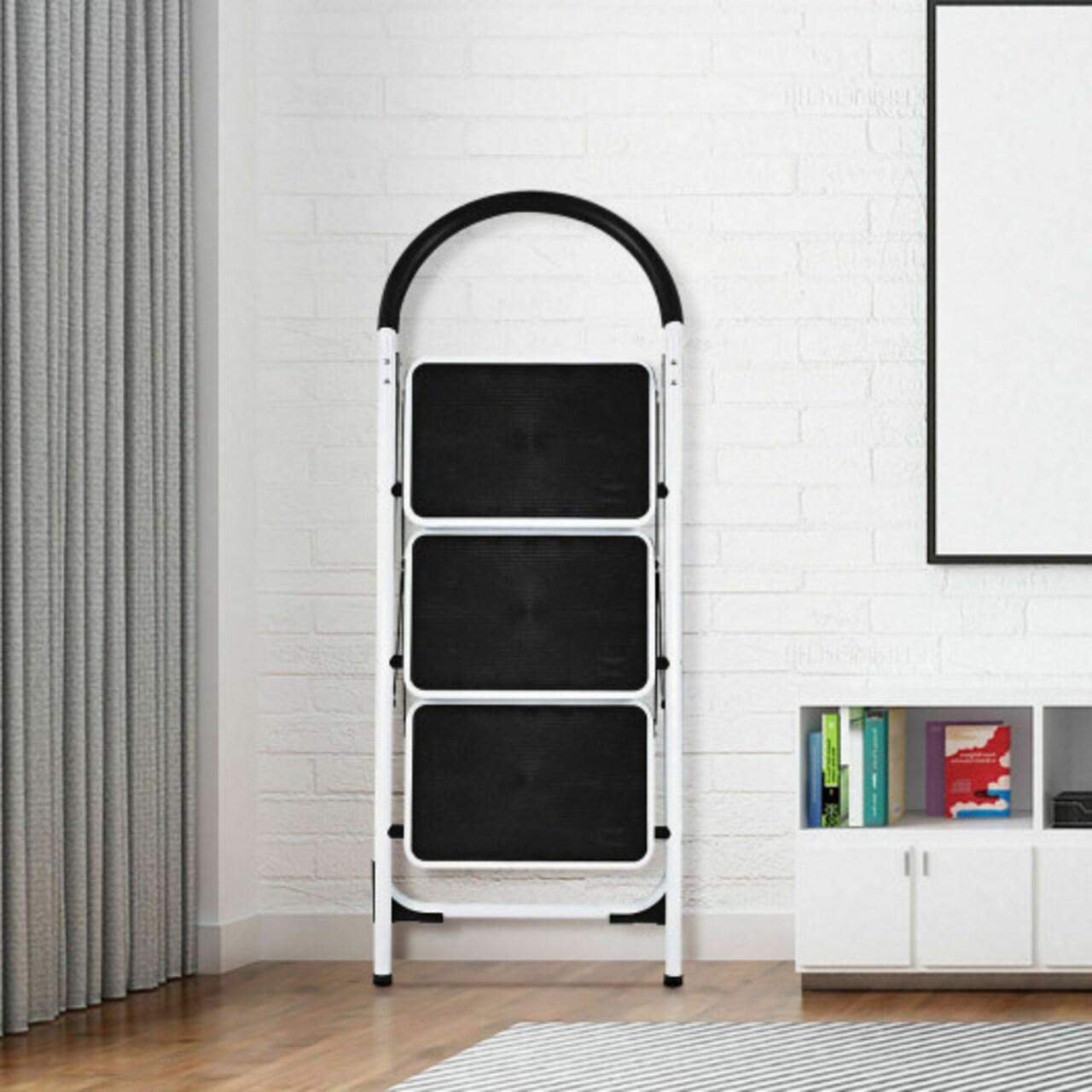 3-Step Space-Saving Foldable Ladder with Safety Rail and Wide Pedals Ideal for Home and Office
